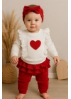 Kalp Baskılı Fırfır Detaylı 3 Parça Kız Bebek Takımı %100 Pamuk
