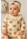 Kalp Baskılı Fisto Yaka 3 Parça Kız Bebek Takımı %100 Pamuk