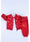 Kalp Desenli Hırkalı Pamuklu 3lü Kız Bebek Takımı
