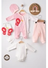 Kelebek Nakışlı Puanlı Tulumlu % 100 Pamuk Kız Bebek 5li Set