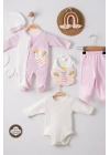 Kelebek Nakışlı Puanlı Tulumlu % 100 Pamuk Kız Bebek 5li Set