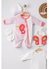 Kelebek Nakışlı Puanlı Tulumlu % 100 Pamuk Kız Bebek 5li Set