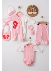 Kelebek Nakışlı Tulumlu % 100 Pamuk Kız Bebek 5li Set