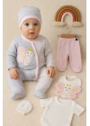 Kelebek Nakışlı Tulumlu % 100 Pamuk Kız Bebek 5li Set