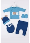 Love Bear Nakışlı 5li % 100 Pamuk Erkek Bebek Hastane Çıkış Seti
