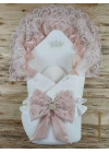 Sahra Taç Nakışlı İnci Ve Dantel Fiyonklu Çift Dantel Duvaklı Trilüks Kundak Bebek Battaniyesi Gül Kurusu