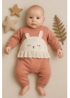 Tavşan Nakışlı Güpürlü % 100 Pamuk Kız Bebek Tulum