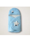 Yenidoğan Çift Yıldız Detaylı Şapkalı Duvaklı Erkek Bebek Klasik Kundak Bebek Battaniyesi Mavi