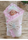 Yenidoğan Grand Lüks Kelebek Ağır Güpür İşlemeli Şapkalı Bebek Battaniyesi Kundak Pembe