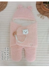 Yenidoğan Kulaklı Şapkalı Açılır Kucaklı Cırt Kapamalı Ayaklı Bebek Battaniyesi Kundak Pembe