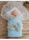 Yenidoğan Kuzulu Taç Nakış Güpürlü Fiyonklu Duvaklı Prizma Taş Unisex Kundak Bebek Battaniyesi Mavi