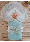 Yenidoğan Kuzulu Taç Nakış Güpürlü Fiyonklu Duvaklı Prizma Taş Unisex Kundak Bebek Battaniyesi Su Yeşili