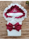 Yenidoğan Mehtap Lüks Kelebek Taç Nakışlı Bebek Battaniyesi Kundak Bordo