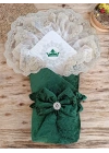 Yenidoğan Saray Kadife Taç Nakışlı İnci Fiyonklu Çift Dantel Duvak Trilüks Kundak Bebek Battaniyesi Yeşil