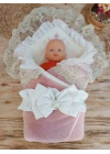 Yenidoğan Wool Yün Kumaş Taç Nakışlı Güpür Duvaklı Fiyonk Prizma Taş Unisex Kundak Bebek Battaniyesi Pembe