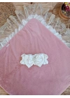 Yenidoğan Wool Yün Kumaş Taç Nakışlı Güpür Duvaklı Fiyonk Prizma Taş Unisex Kundak Bebek Battaniyesi Pembe