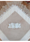 Yenidoğan Wool Yün Kumaş Taç Nakışlı Güpür Duvaklı Fiyonk Prizma Taş Unisex Kundak Bebek Battaniyesi Bej