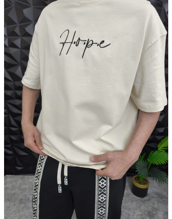 Bej Hope Nakış Kdife Patchli Oversize T-shirt