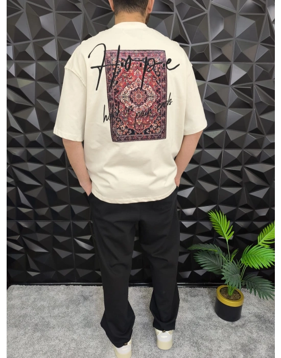 Bej Hope Nakış Kdife Patchli Oversize T-shirt