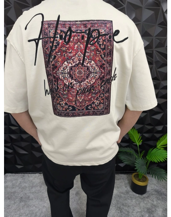 Bej Hope Nakış Kdife Patchli Oversize T-shirt