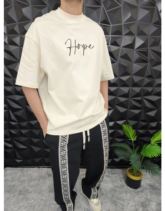 Bej Hope Nakış Kdife Patchli Oversize T-shirt