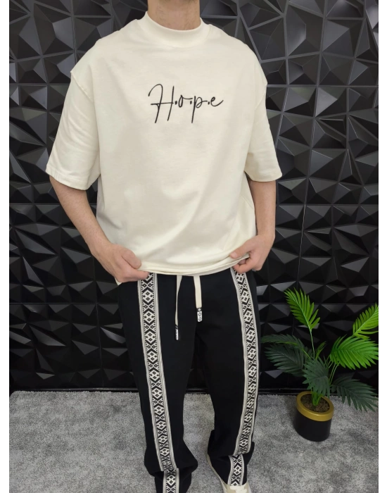 Bej Hope Nakış Kdife Patchli Oversize T-shirt