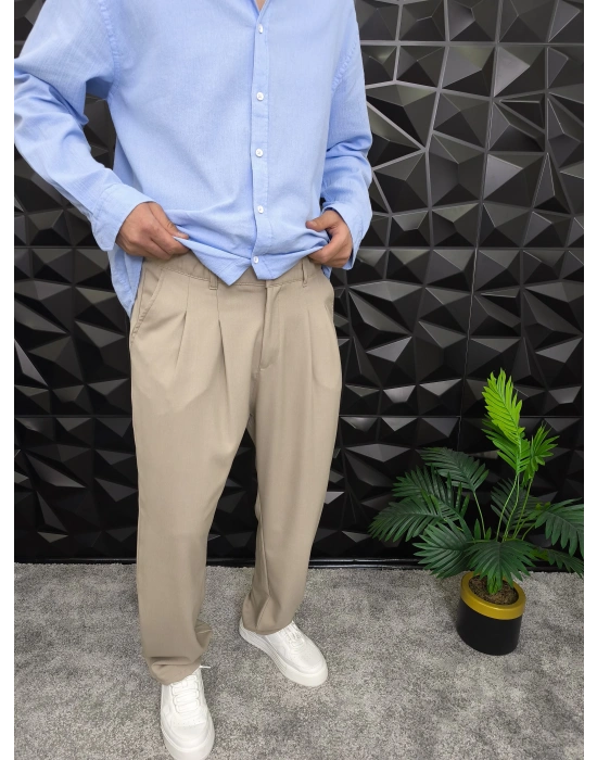 Beli Lastikli Pileli Baggy Kalıp Kumaş Pantolon Bej