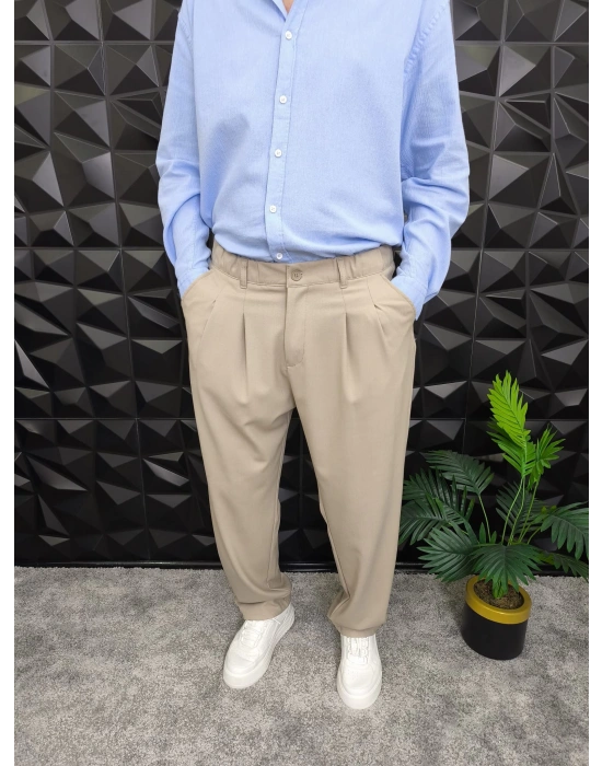 Beli Lastikli Pileli Baggy Kalıp Kumaş Pantolon Bej