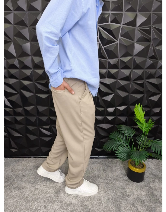 Beli Lastikli Pileli Baggy Kalıp Kumaş Pantolon Bej