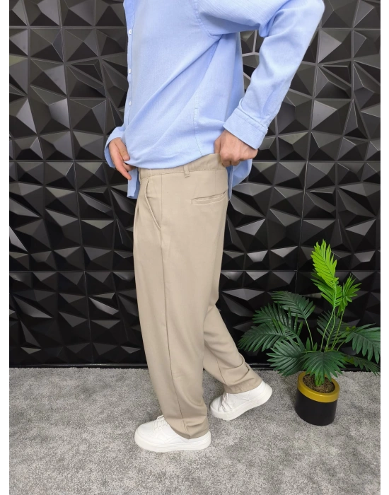 Beli Lastikli Pileli Baggy Kalıp Kumaş Pantolon Bej