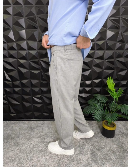 Beli Lastikli Pileli Baggy Kalıp Kumaş Pantolon Gri