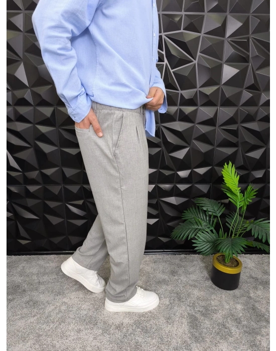 Beli Lastikli Pileli Baggy Kalıp Kumaş Pantolon Gri