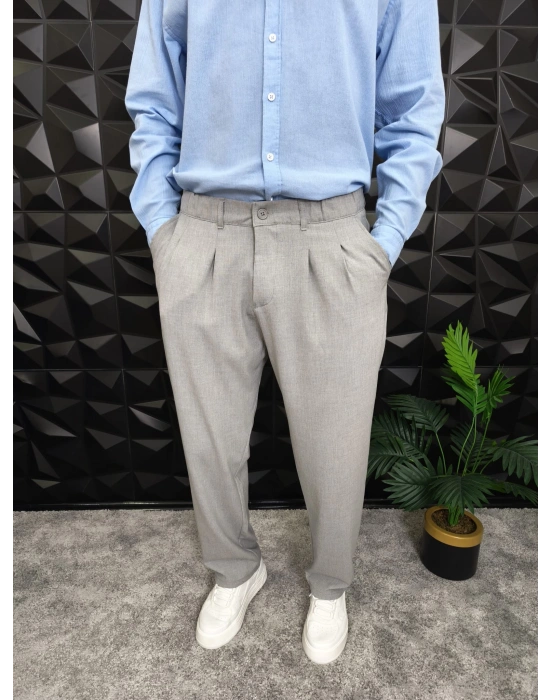 Beli Lastikli Pileli Baggy Kalıp Kumaş Pantolon Gri