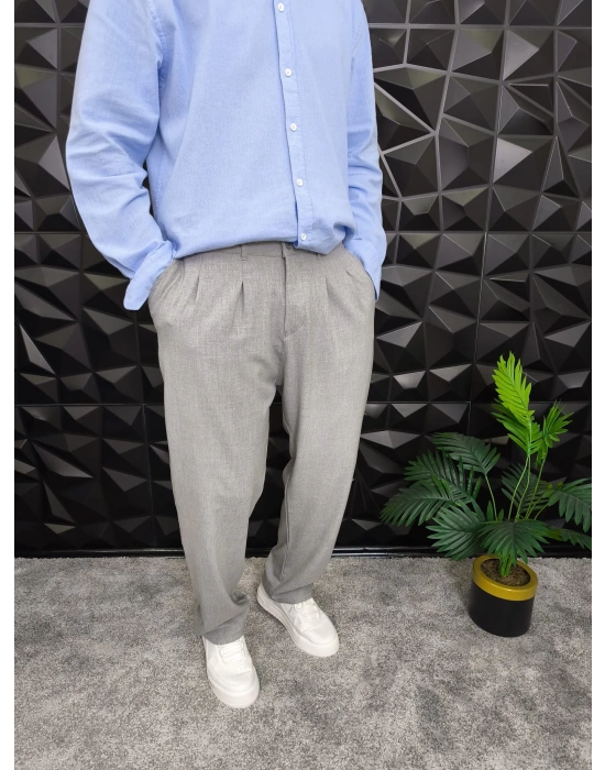 Beli Lastikli Pileli Baggy Kalıp Kumaş Pantolon Gri