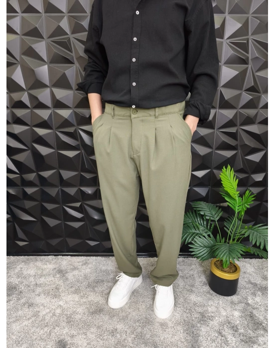 Beli Lastikli Pileli Baggy Kalıp Kumaş Pantolon Haki