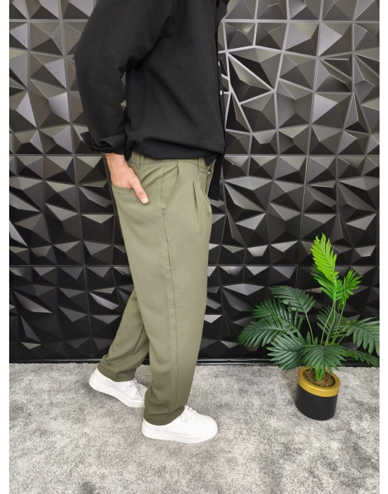 Beli Lastikli Pileli Baggy Kalıp Kumaş Pantolon Haki