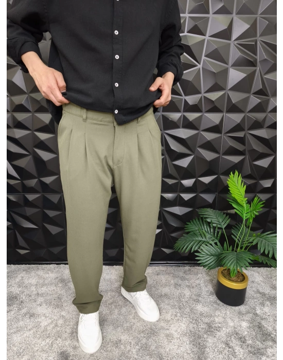 Beli Lastikli Pileli Baggy Kalıp Kumaş Pantolon Haki