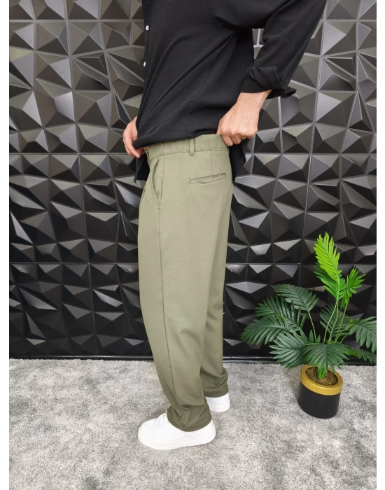 Beli Lastikli Pileli Baggy Kalıp Kumaş Pantolon Haki