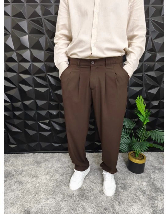 Beli Lastikli Pileli Baggy Kalıp Kumaş Pantolon Kahverengi