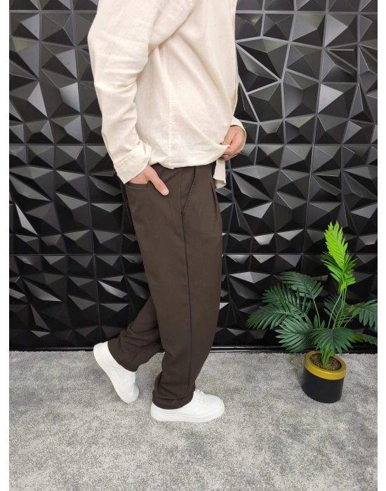 Beli Lastikli Pileli Baggy Kalıp Kumaş Pantolon Kahverengi