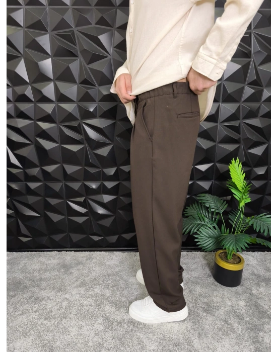 Beli Lastikli Pileli Baggy Kalıp Kumaş Pantolon Kahverengi