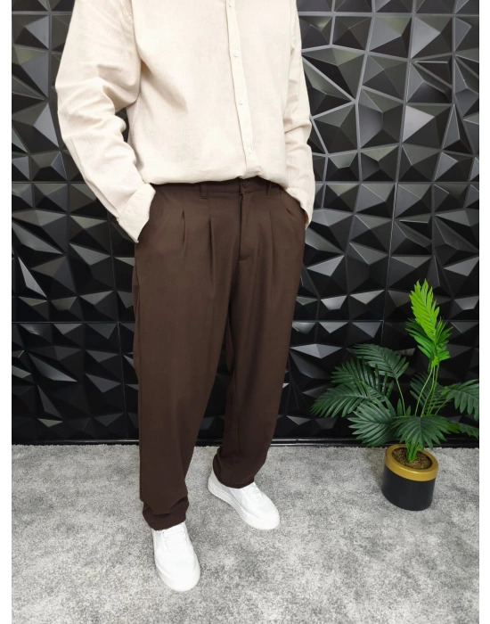 Beli Lastikli Pileli Baggy Kalıp Kumaş Pantolon Kahverengi