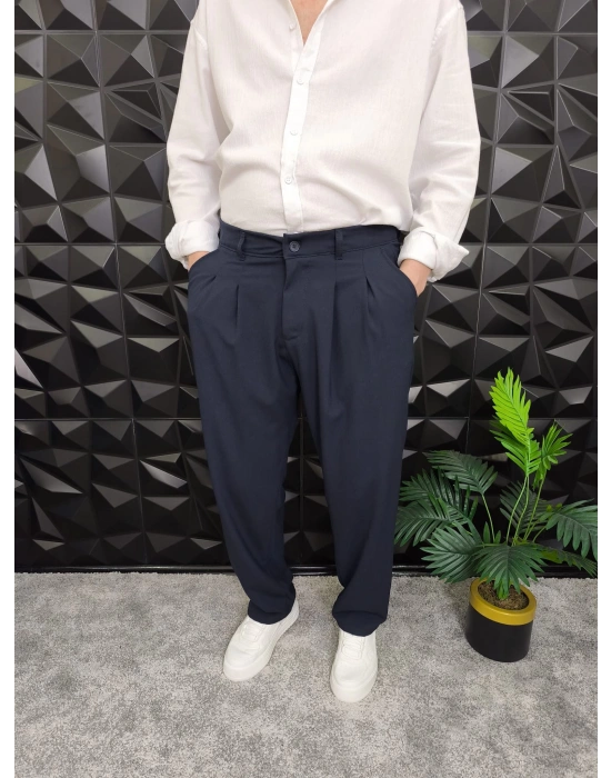 Beli Lastikli Pileli Baggy Kalıp Kumaş Pantolon Lacivert