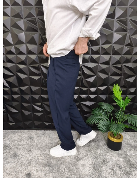 Beli Lastikli Pileli Baggy Kalıp Kumaş Pantolon Lacivert