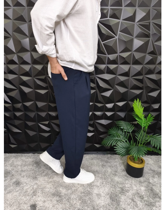 Beli Lastikli Pileli Baggy Kalıp Kumaş Pantolon Lacivert