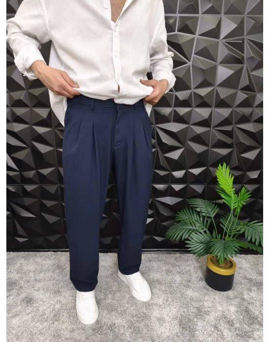 Beli Lastikli Pileli Baggy Kalıp Kumaş Pantolon Lacivert