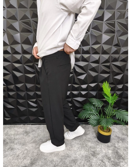 Beli Lastikli Pileli Baggy Kalıp Kumaş Pantolon Siyah