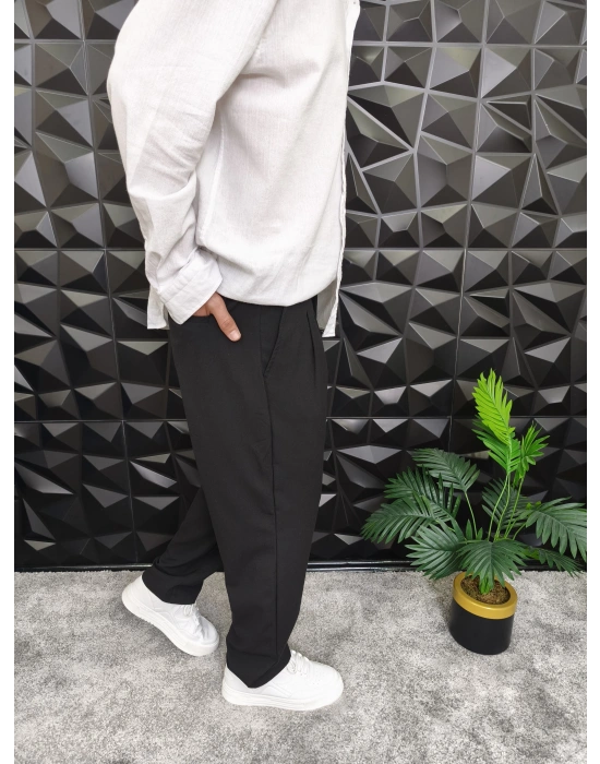 Beli Lastikli Pileli Baggy Kalıp Kumaş Pantolon Siyah