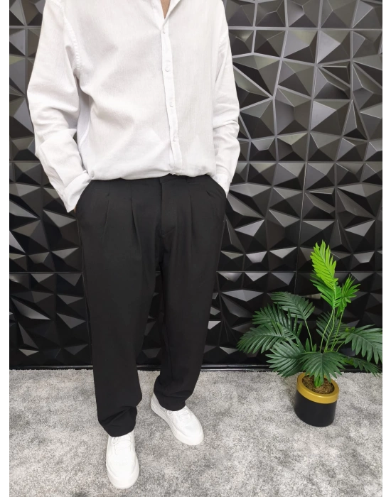 Beli Lastikli Pileli Baggy Kalıp Kumaş Pantolon Siyah