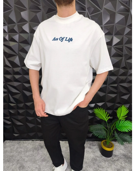 Beyaz Ace Of Life süzene Nakışlı Oversize T-Shirt